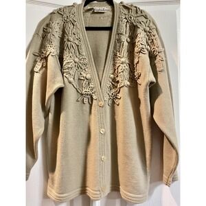 Vintage Rafaella Cardigan Sweater Womens Large Beige Wool Crochet Floral 80s